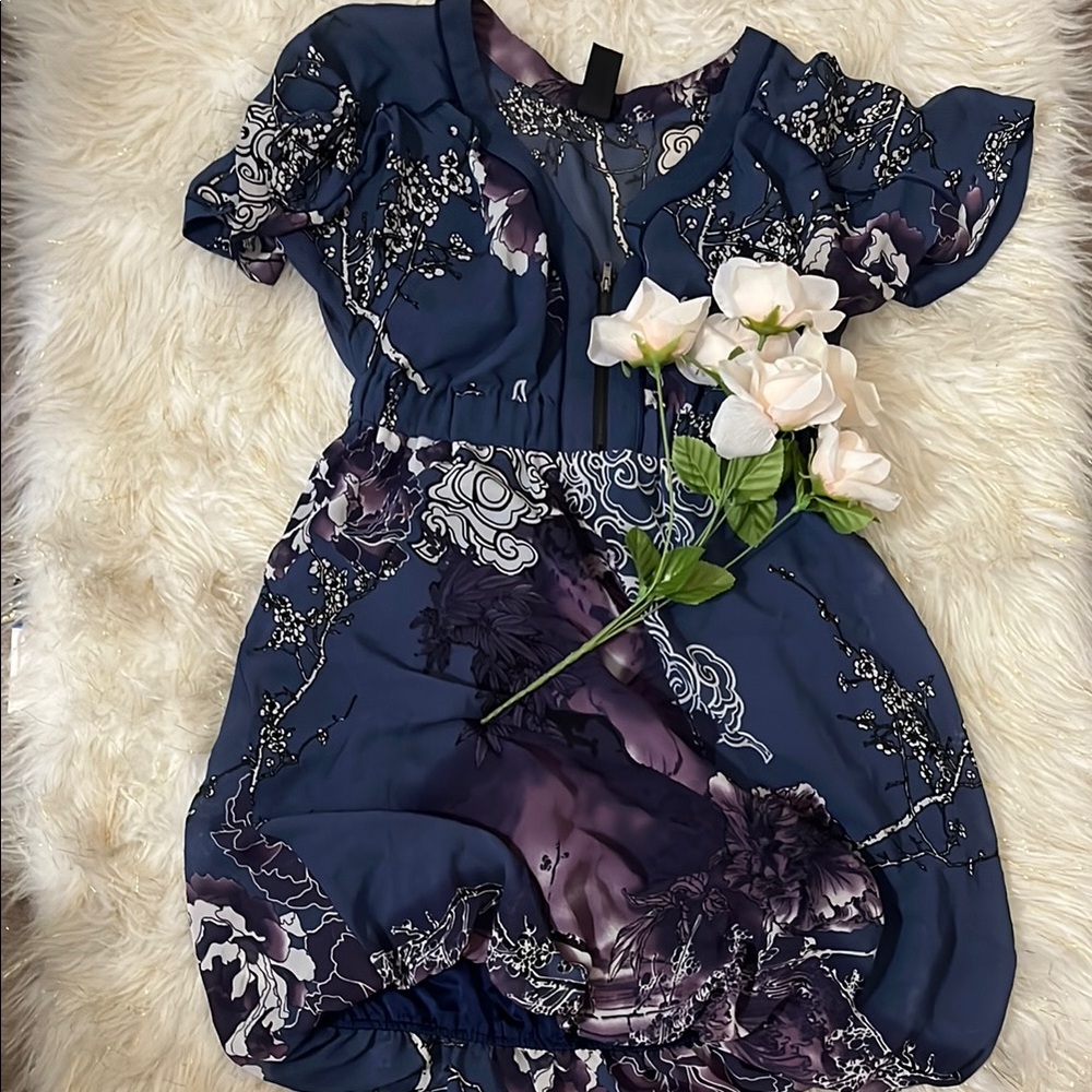 Guess Blue and Purple Ruffled Tie Front Mini Dress